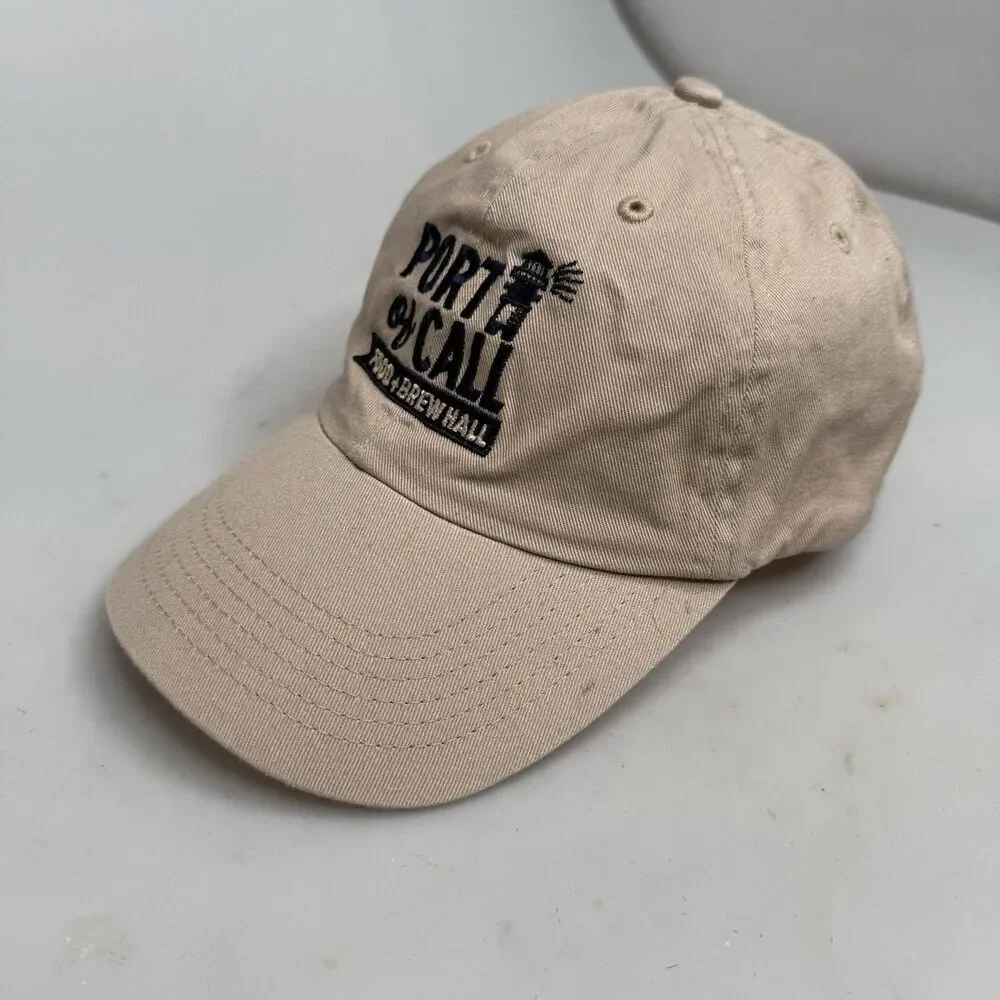 Port of Call Food & Brew Hall Dad Hat Tan Adjustable Strap Back Unstructured